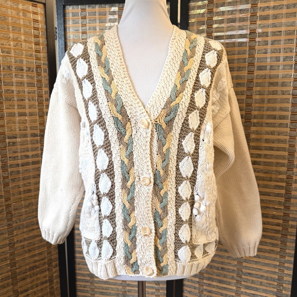 Eddie Bauer Cardigan Sweater Womens Medium Cream Vintage 90s Cotton Cable Knit